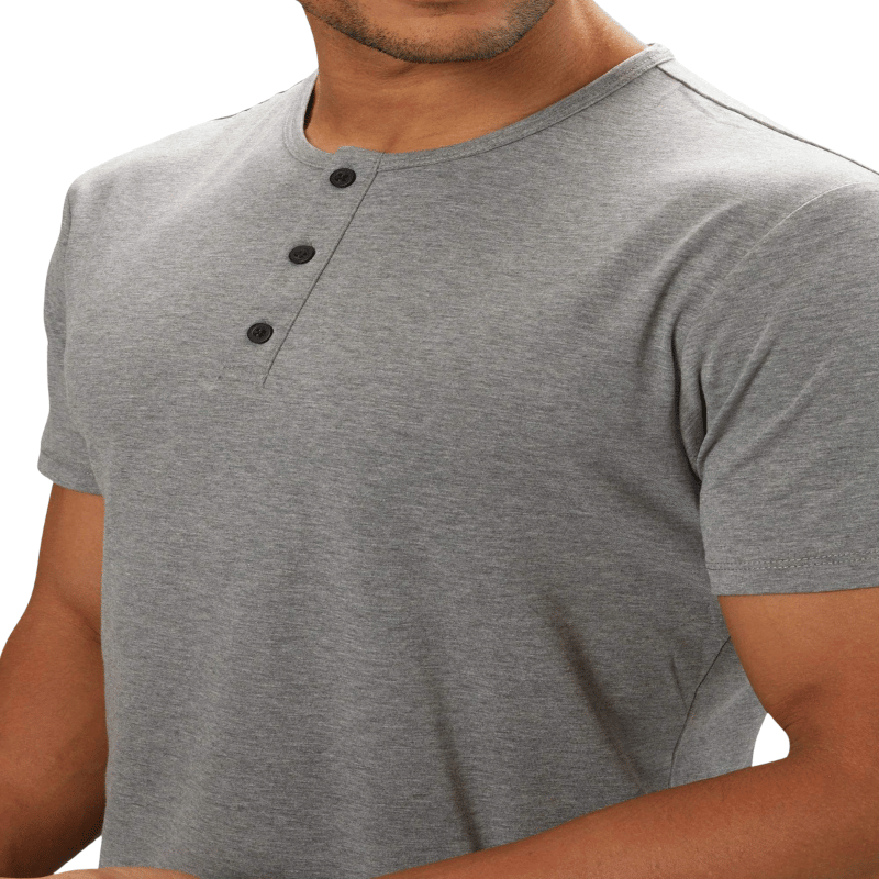 C.Kay's Designs Grey Marl Cotton Henley T-Shirt for Men, Three Button Short Sleeve Tee with Curved Hem