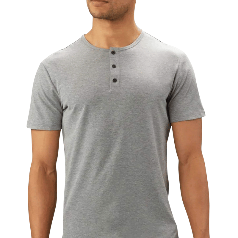 C.Kay's Designs Grey Marl Cotton Henley T-Shirt for Men, Three Button Short Sleeve Tee with Curved Hem
